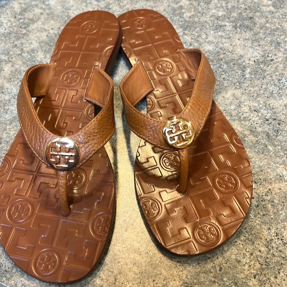 Tory Burch Tan Sandals with Metallic Embellishments